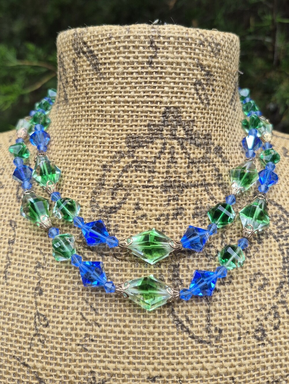 Vintage Bicolor Green Clear Blue Fancy Cut Bicone Glass Double Strand Necklace